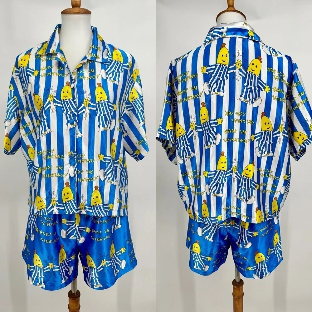 VINTAGE 90s Davenport Bananas in Pyjamas Polyester Satin Stripe Pajama Short Set